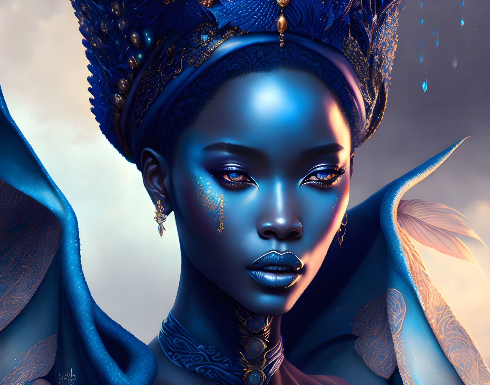 Fantasy digital portrait of a woman with blue skin, striking features, butterfly wings, and elaborate head