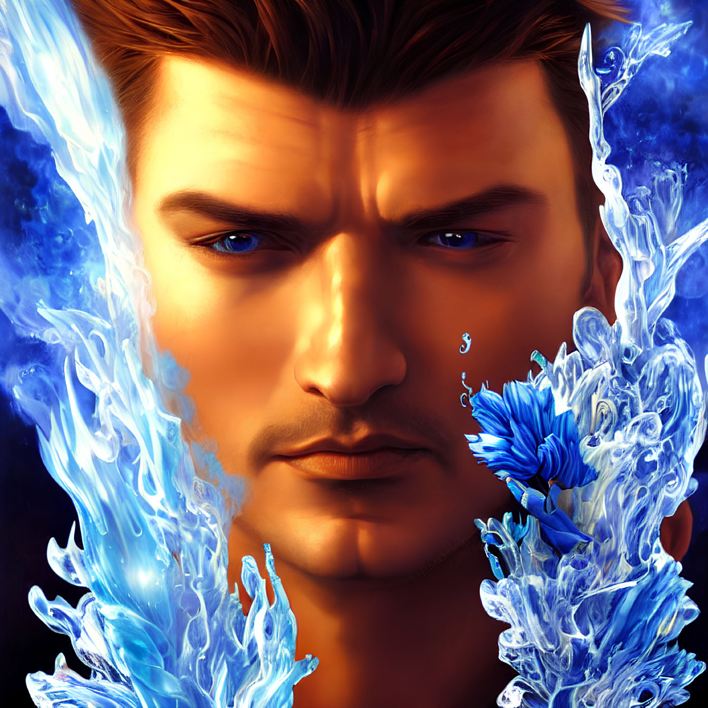 Portrait of a man with stubble and blue eyes in water and flames scene