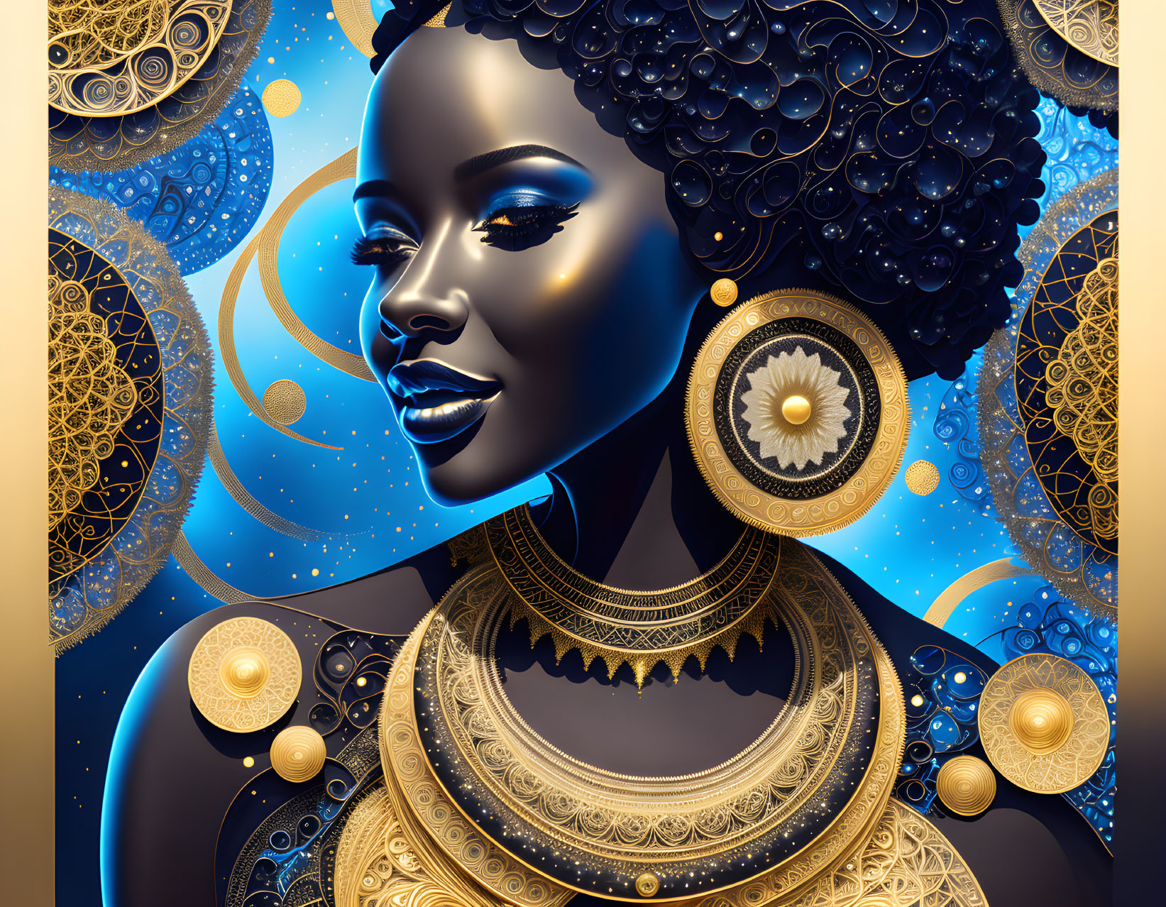 Blue-skinned woman with golden jewelry in cosmic setting