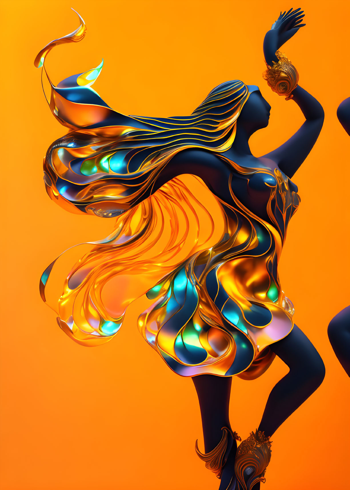 Stylized female figure with fiery hair and dress on orange background