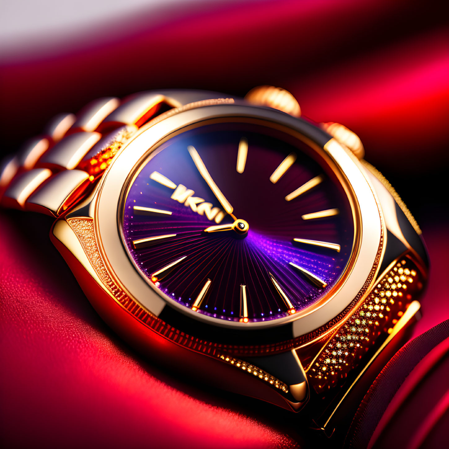 Gold Watch with Diamond Embellishments and Blue-Purple Gradient Dial on Red Background