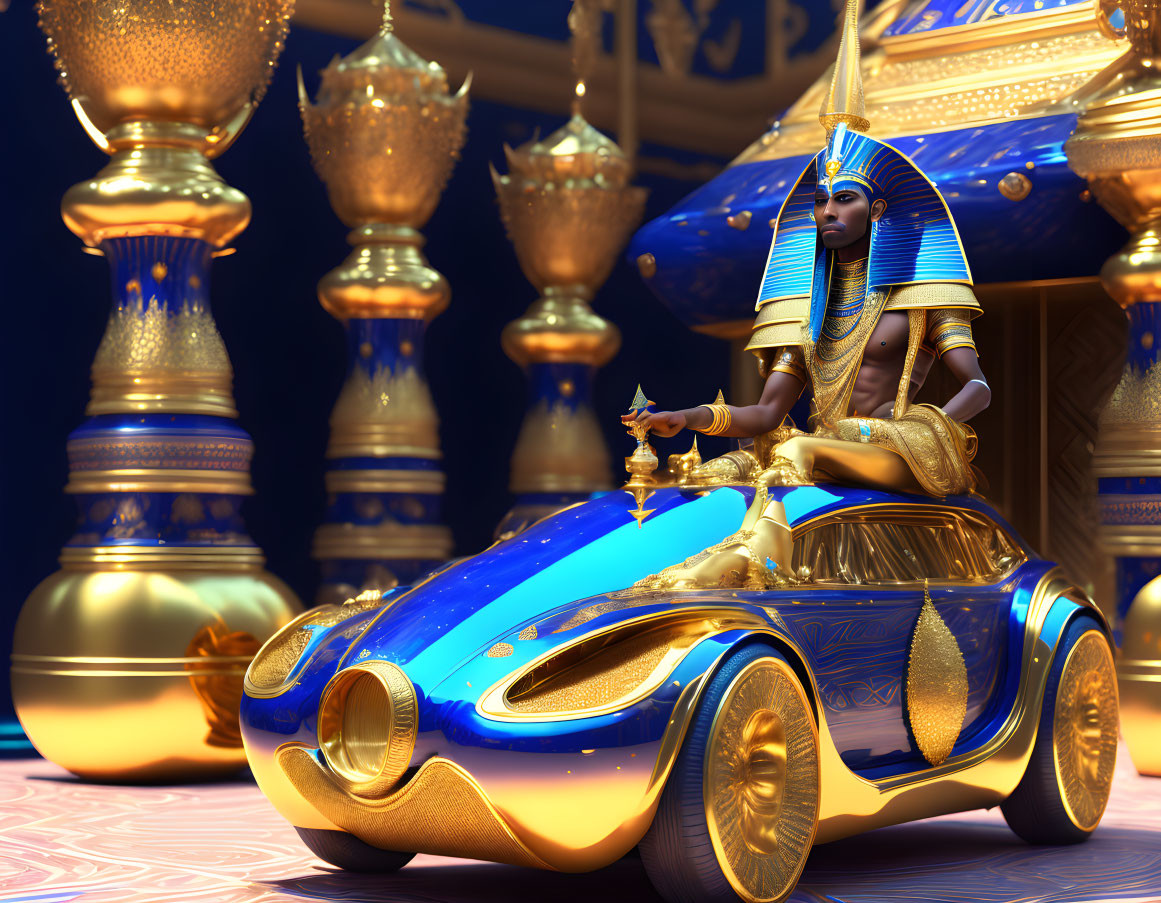 Luxurious Pharaoh-like Figure in Golden and Blue Attire Surrounded by Rich Decorations