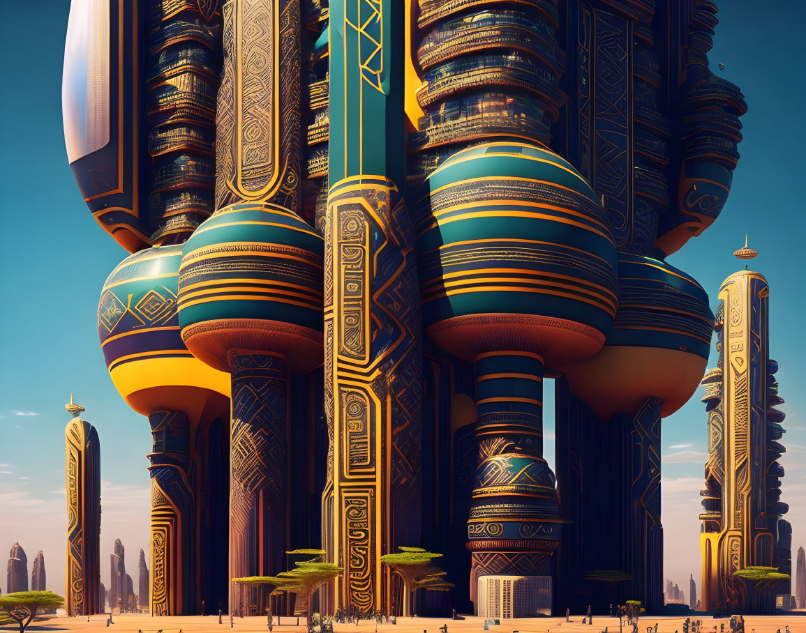 Ornately decorated futuristic cityscape against clear blue sky