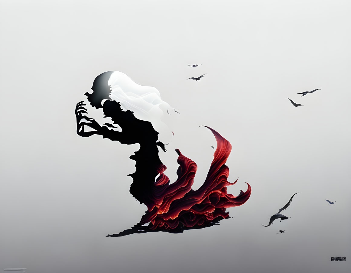 Silhouette of woman with flowing white hair in red and black shapes, surrounded by birds on grey background