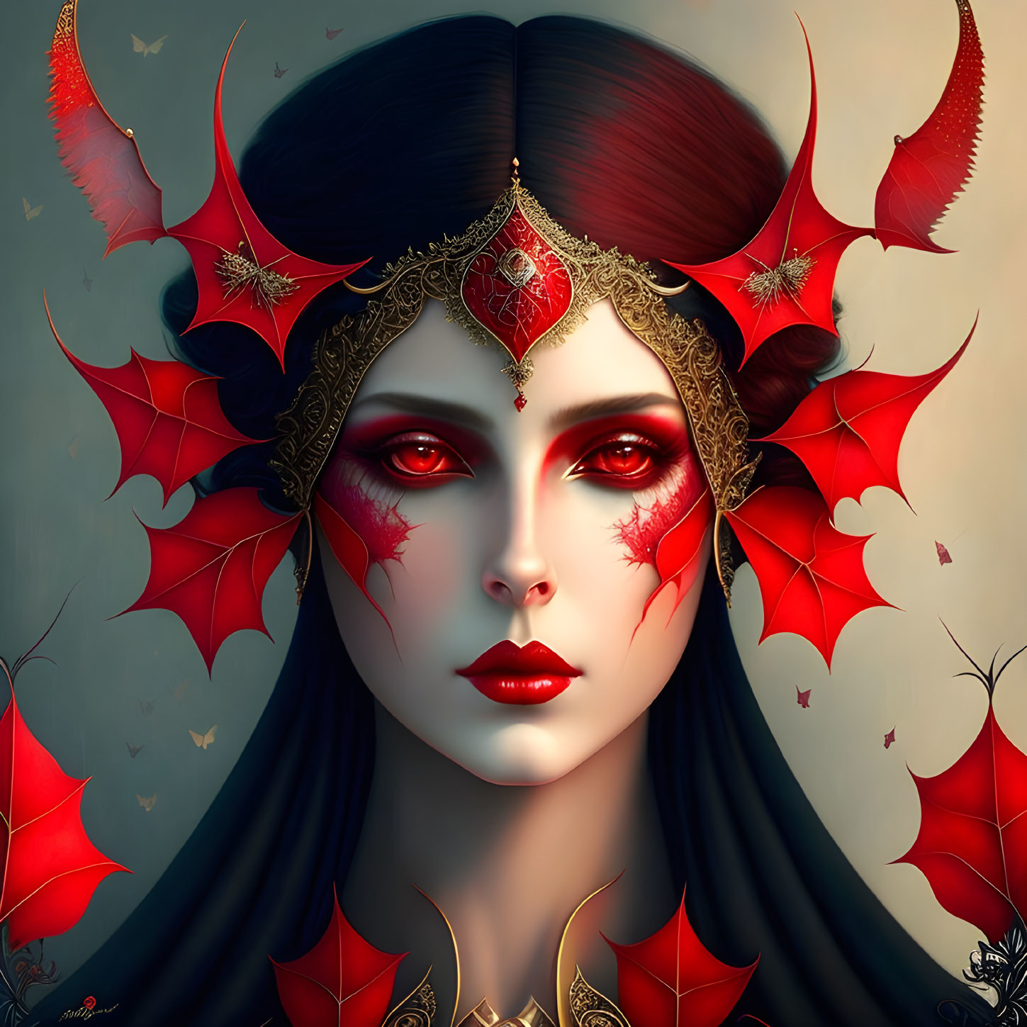 Illustration of woman with red eyes, bat-wing adornments, golden tiara, red gem,