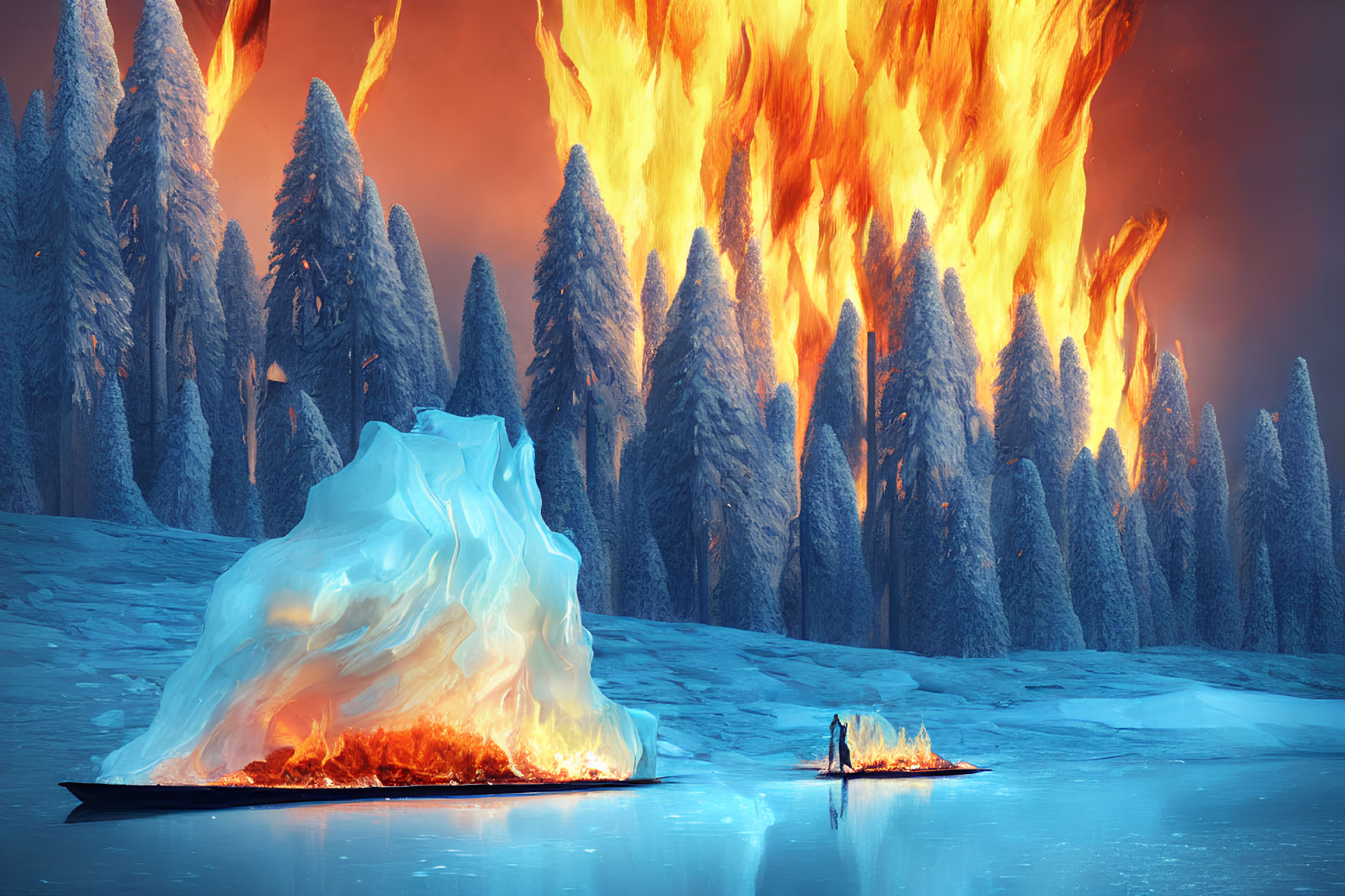 Frozen forest meets fiery blaze with icebergs and intense flames.