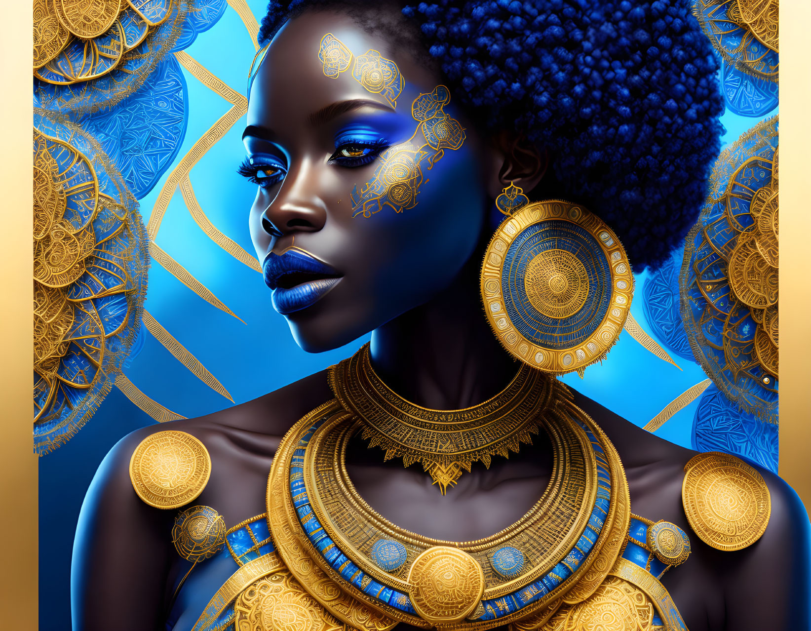 Vivid digital artwork of woman with blue skin and gold jewelry