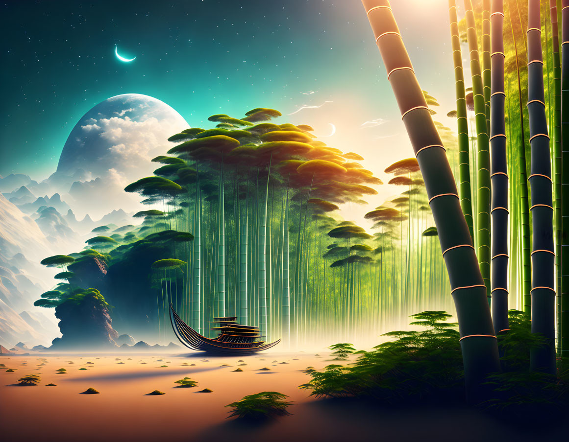 Surreal Landscape with Bamboo, Hammock, and Celestial Bodies