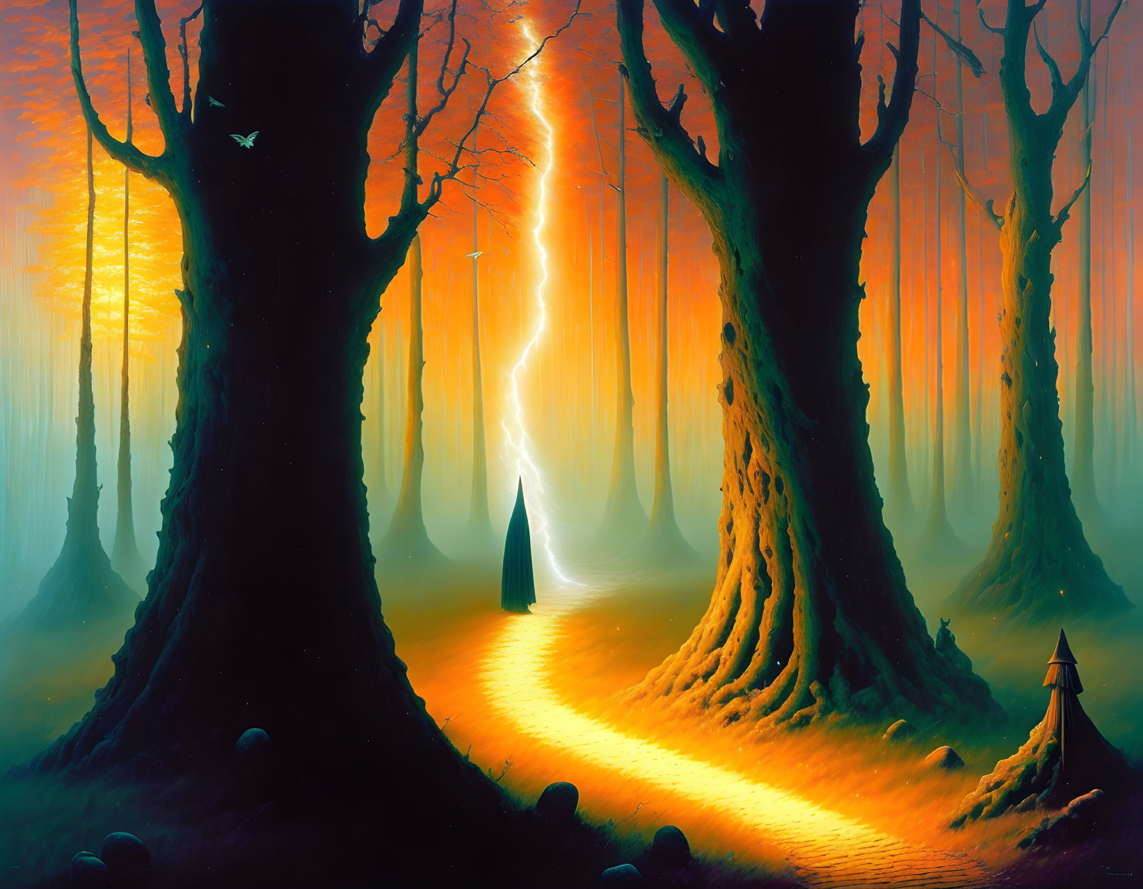 Enchanting forest scene with large trees, fiery glow, winding path, cloaked figure, lantern