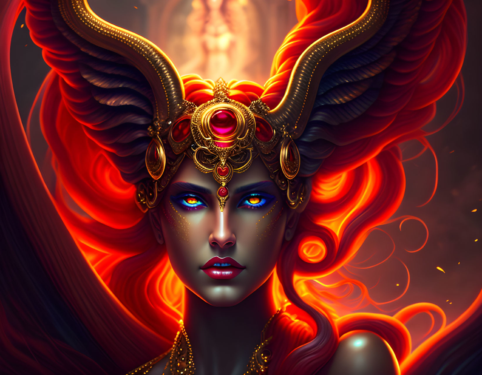 Blue-skinned woman with golden headpiece and fiery hair in mystical setting