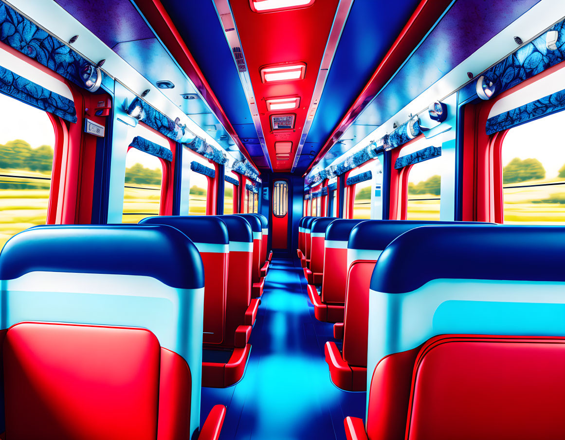 Vibrant Blue and Red Seats in Empty Train Carriage