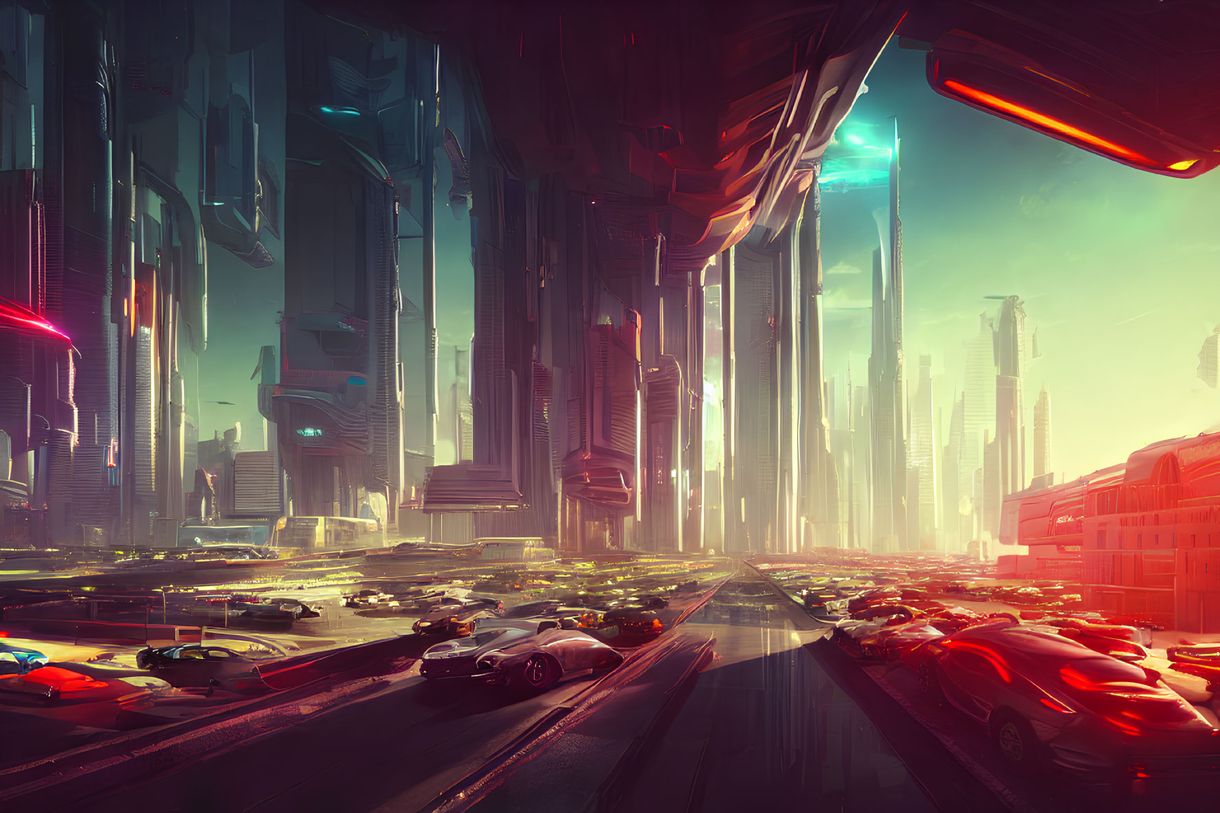 Vibrant futuristic cityscape with towering skyscrapers and flying cars.