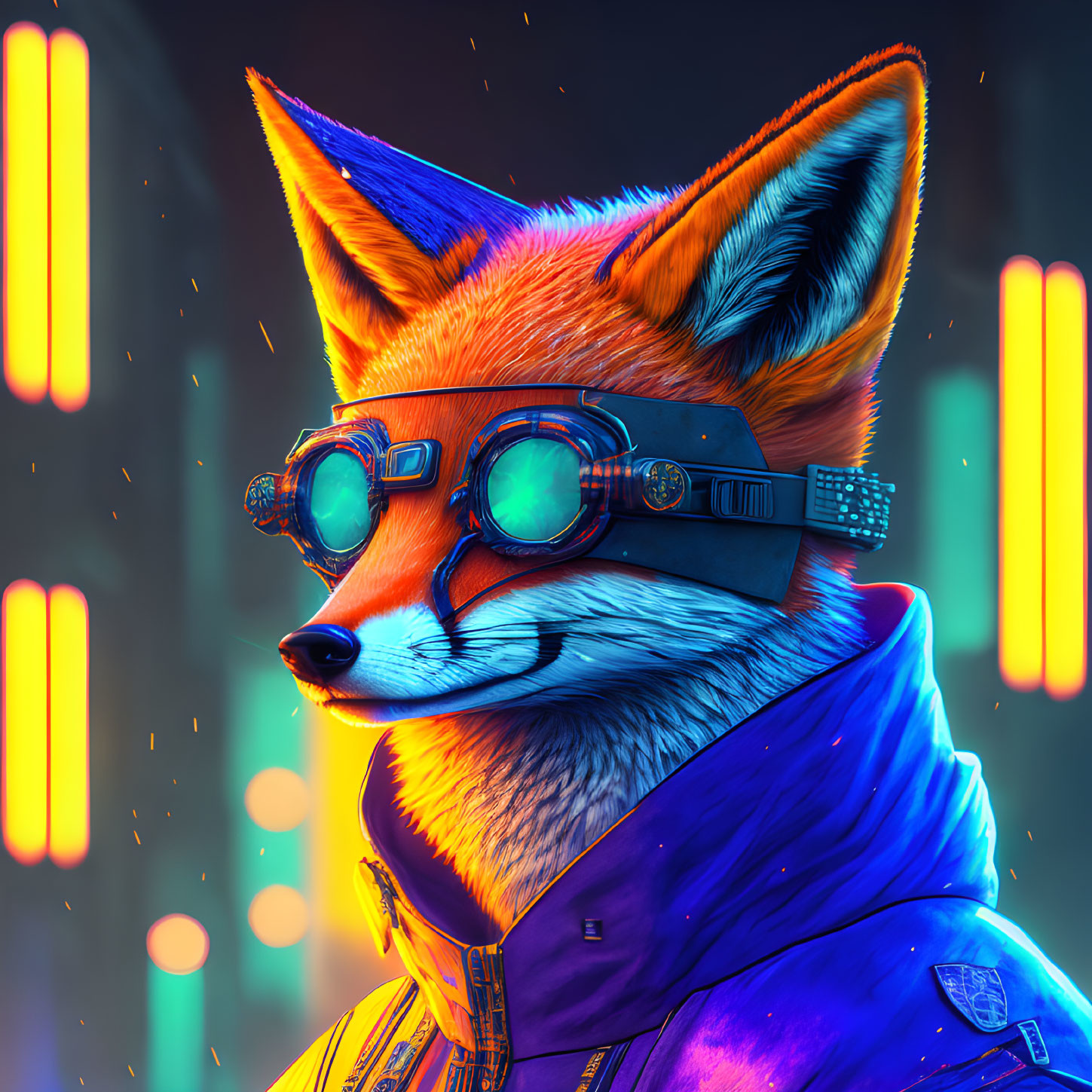 Fox with Goggles and Blue Jacket in Neon-lit Artwork