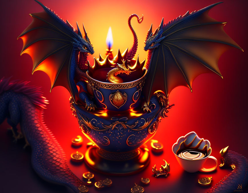 Stylized dragon on ornate cup with flame, surrounded by smaller cups and golden accents on red