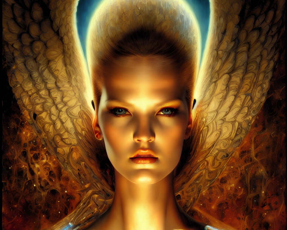 Digital Artwork: Woman with Fiery Aura and Luminescent Halo