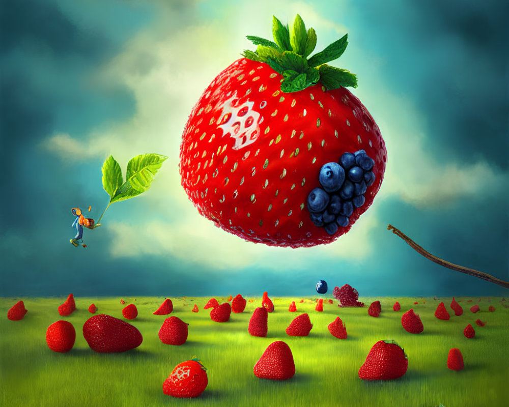 Fantastical artwork featuring oversized floating strawberry above field with small figure and scattered berries.