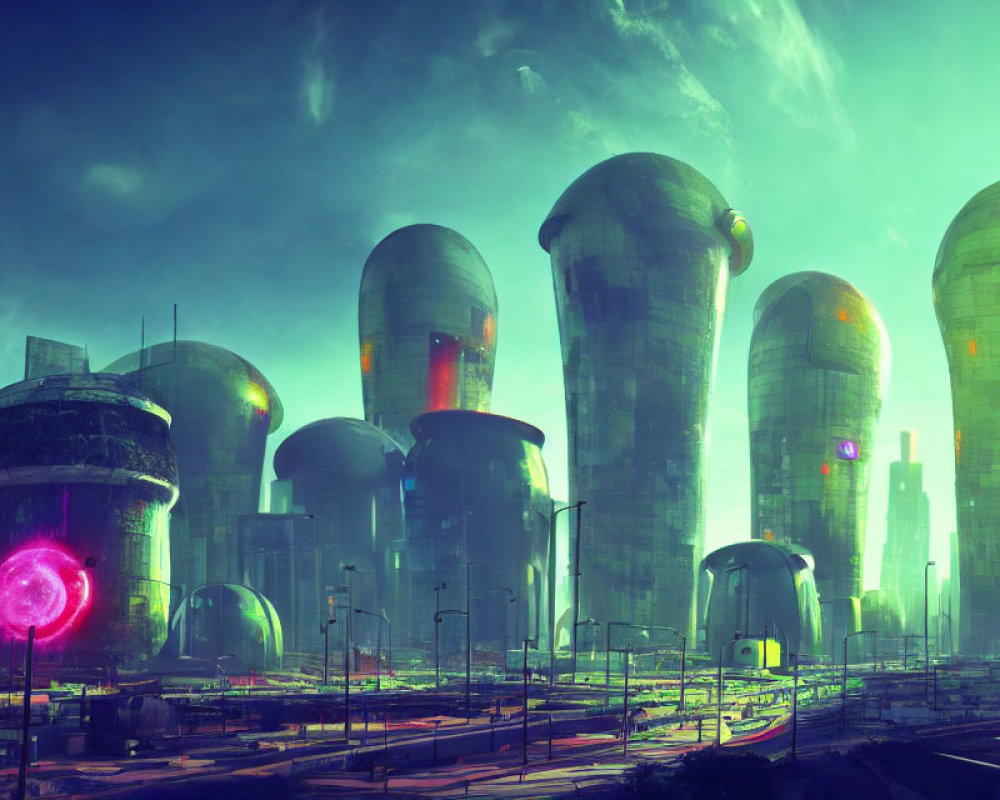 Futuristic cityscape with towering cylindrical buildings and advanced infrastructure