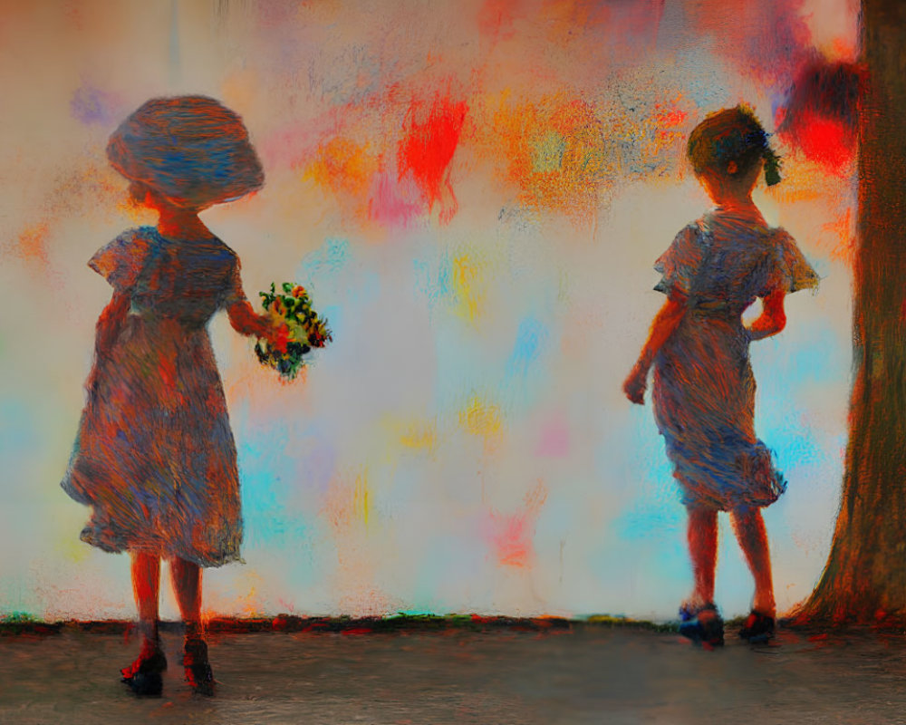 Impressionist-style Child Holding Flowers by Colorful Wall and Tree