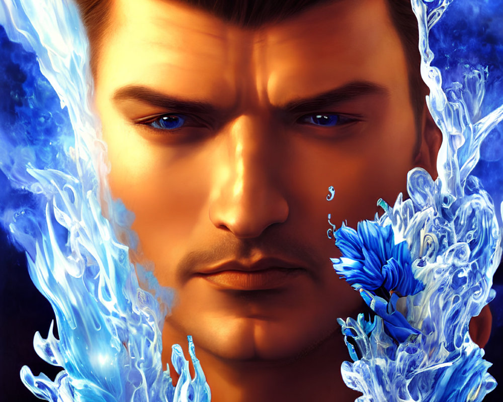 Portrait of a man with stubble and blue eyes in water and flames scene