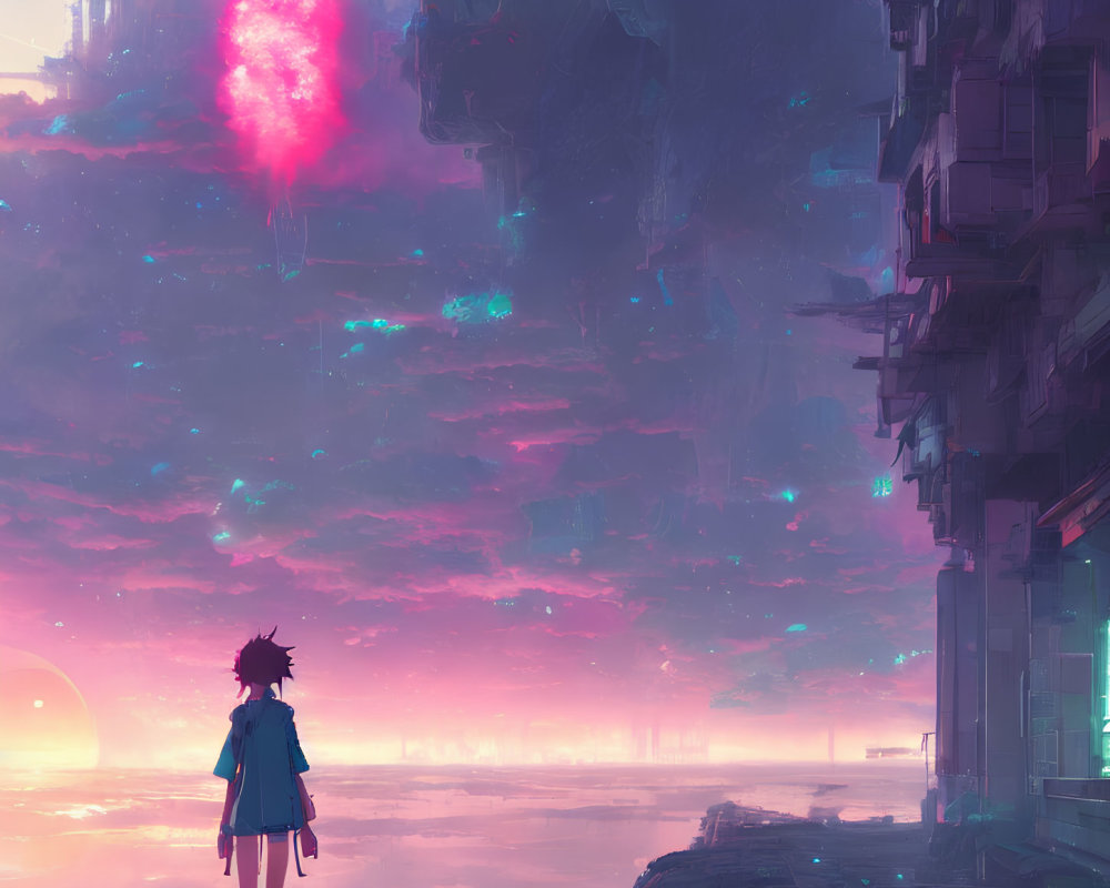 Person overlooking futuristic cityscape with pink skyline