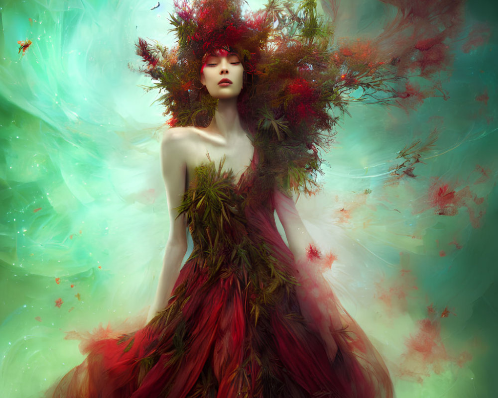 Mystical woman in leaf dress with red foliage headpiece in green mist