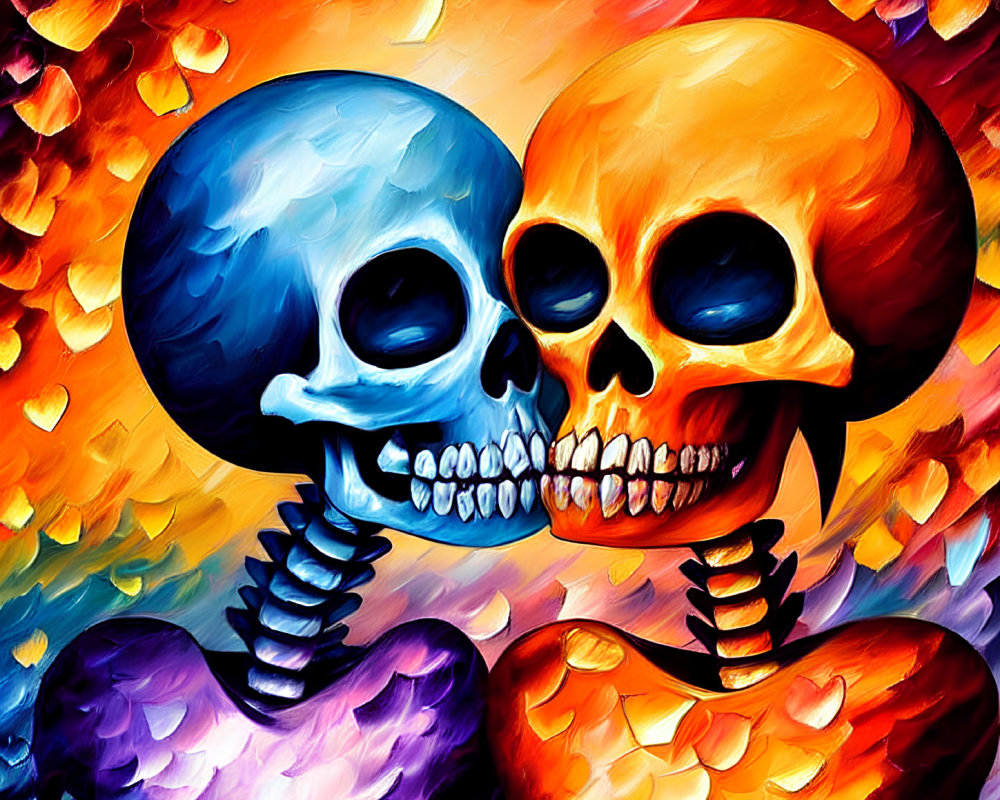 Colorful Stylized Skeletons Embracing with Heart-Shaped Eyes