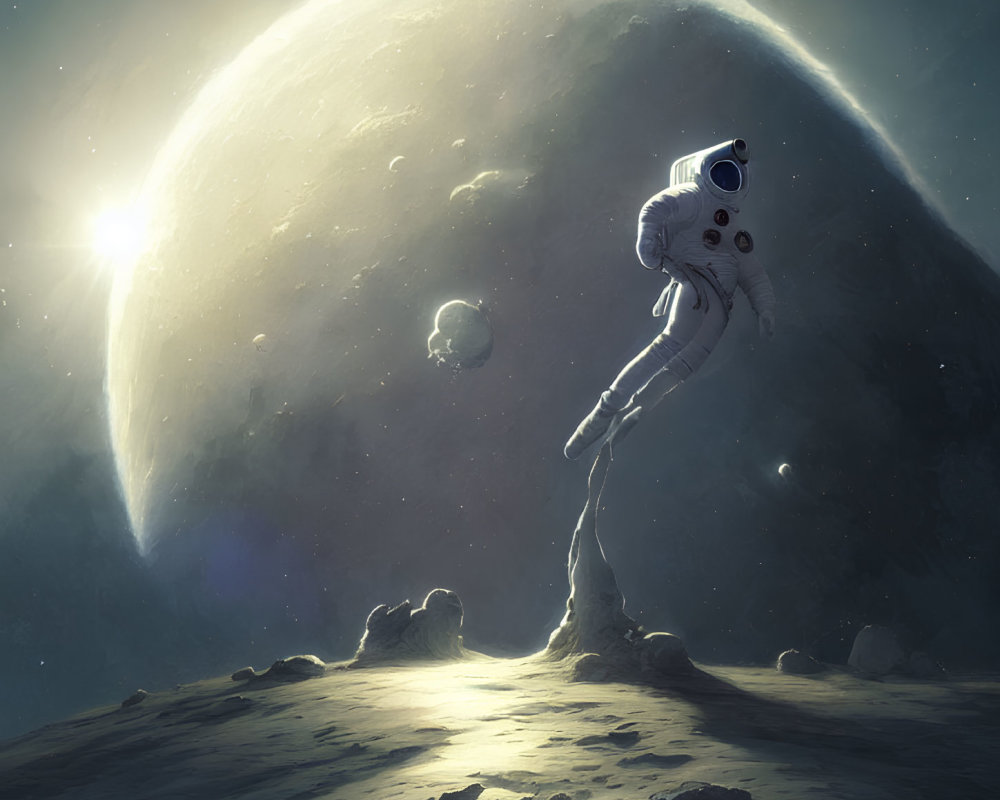 Astronaut floating in space above moon with planet and sun in backdrop