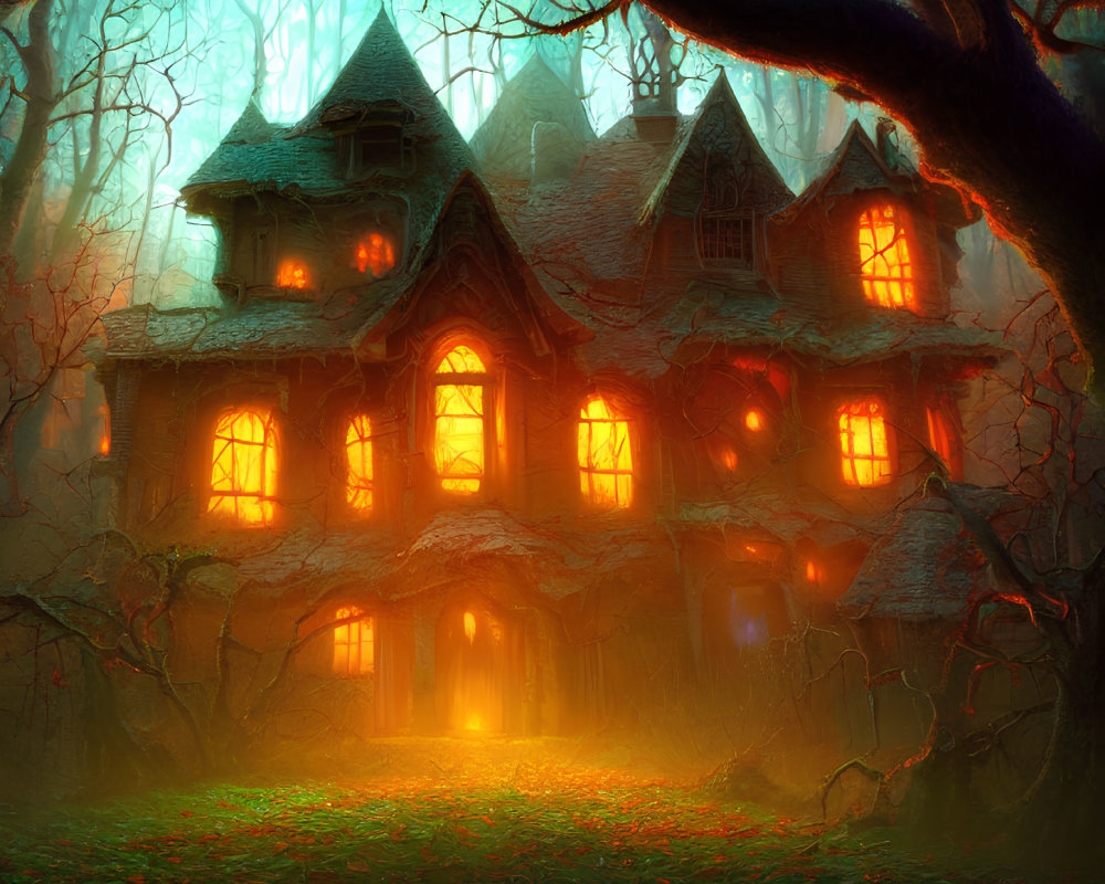 Eerie Tudor-style house in misty enchanted forest