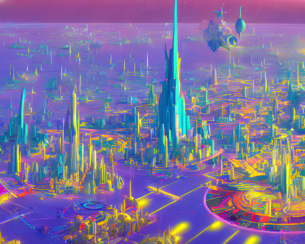 Colorful futuristic cityscape with towering spires and flying objects