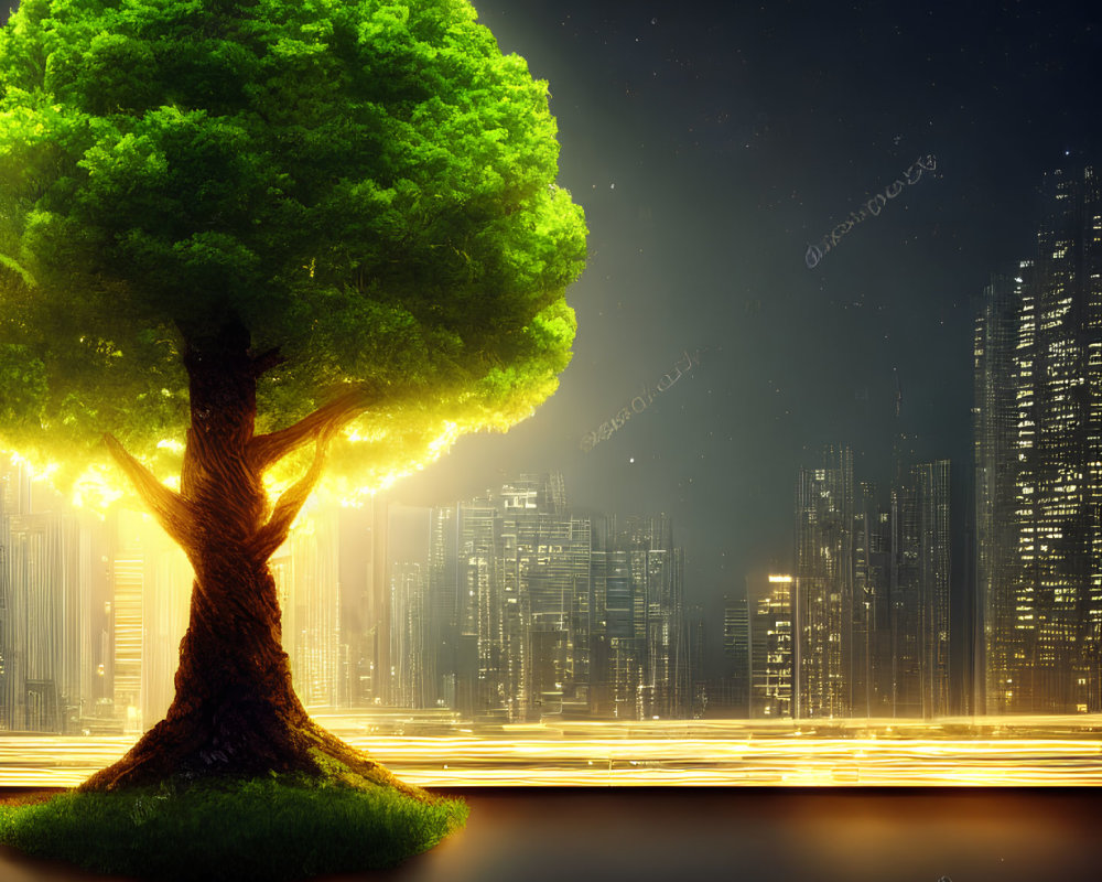 Solitary tree against futuristic cityscape at night