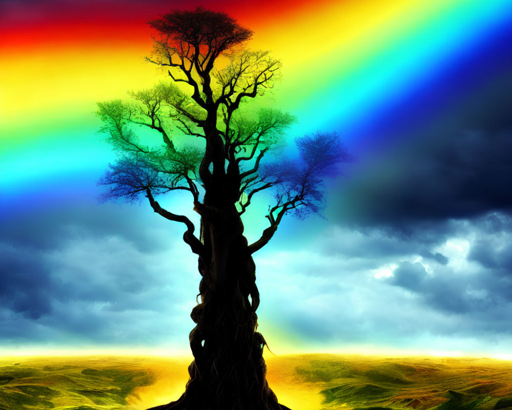 Colorful digital artwork of solitary tree against dramatic sky & rainbow.