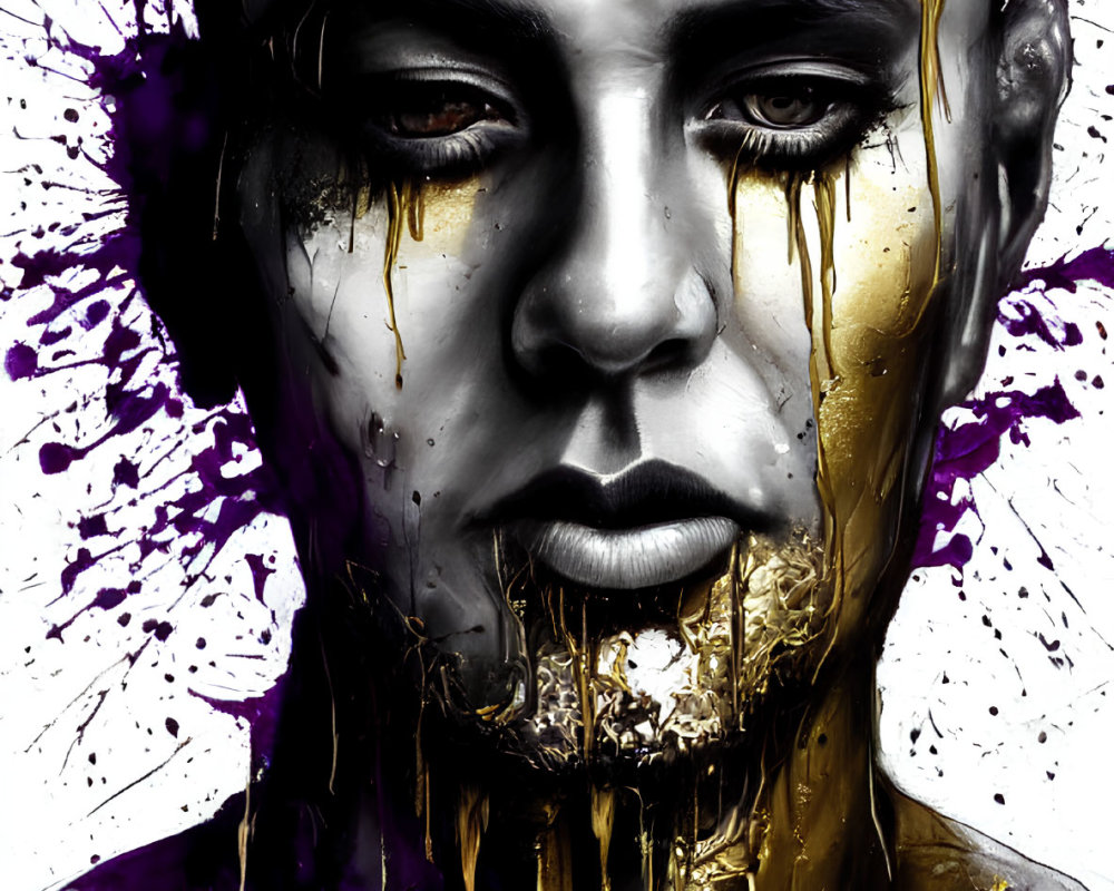 Monochrome portrait with golden tears and dripping purple and gold paint