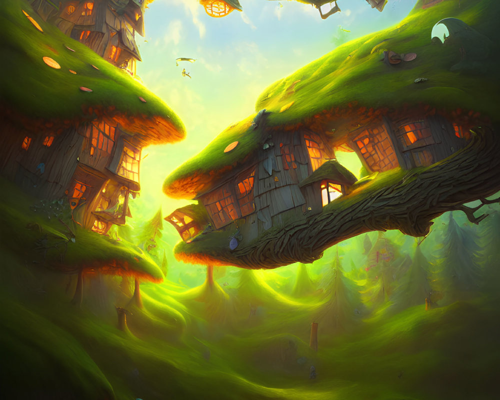 Whimsical treehouses and glowing windows in fantasy landscape