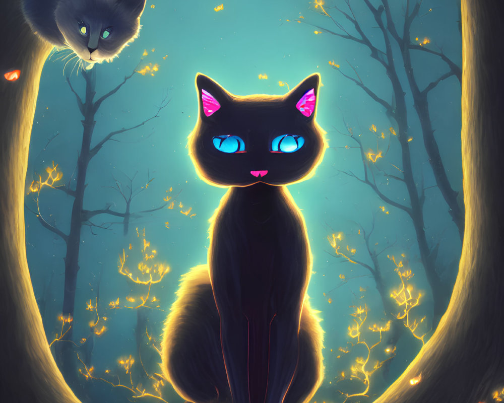 Stylized cats with glowing eyes in magical forest at twilight