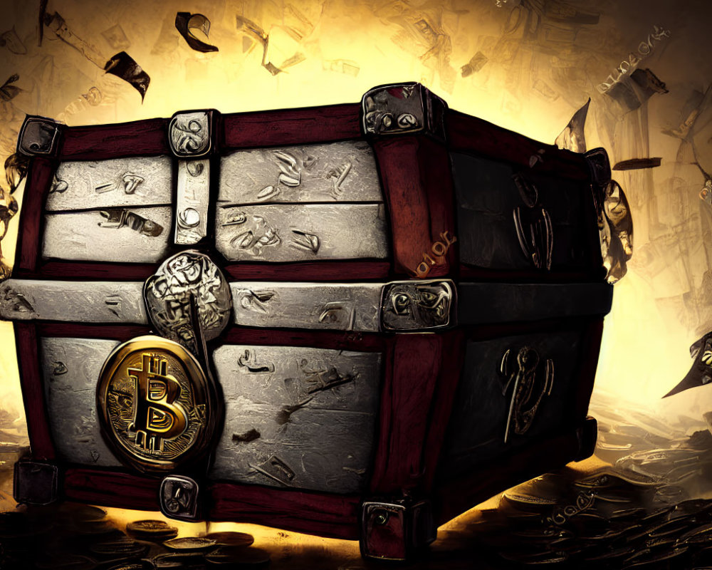 Wooden treasure chest with Bitcoin emblem and falling coins on fiery background