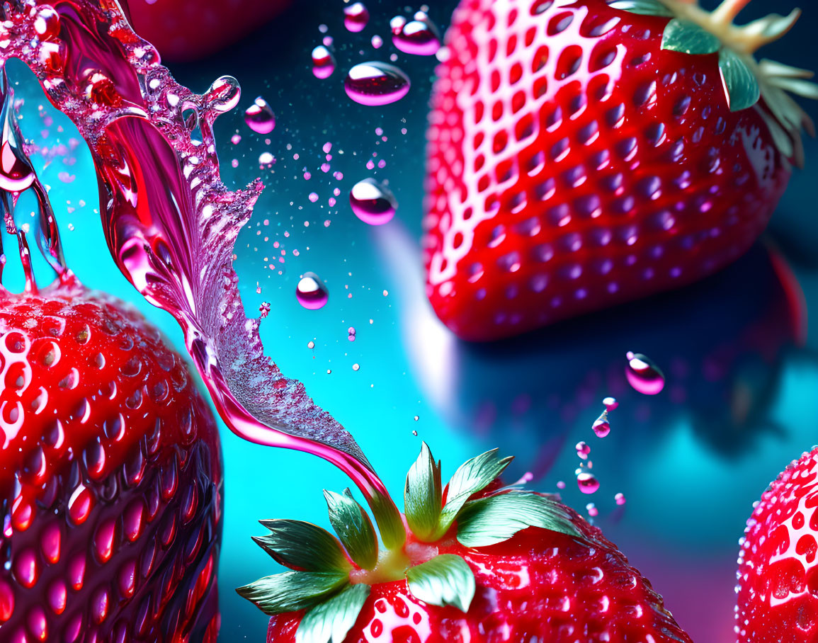 Fresh strawberries with water droplets on blue background