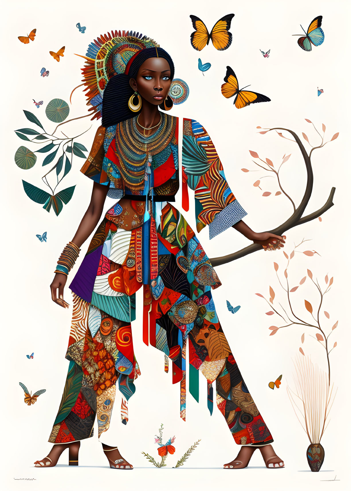 Colorful Woman with Butterfly Surrounding in Serene Pose