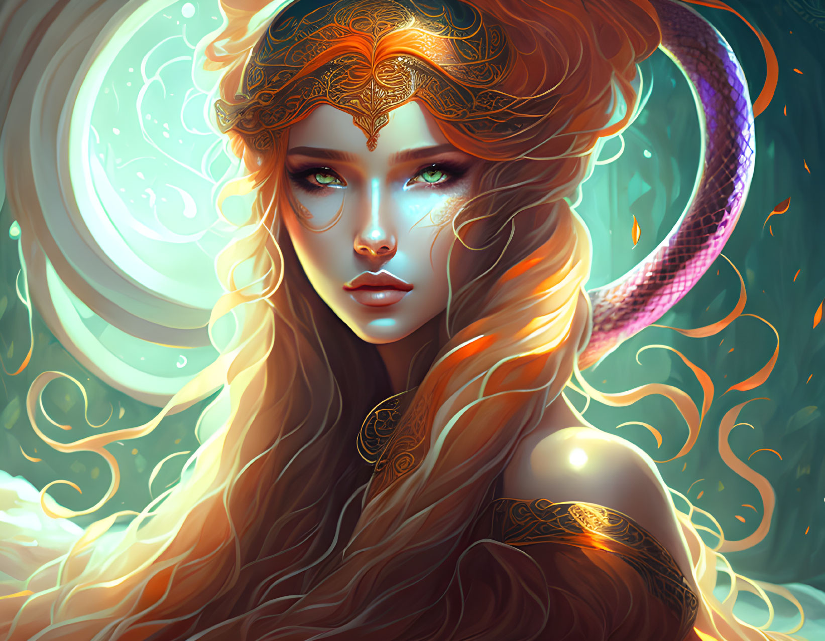 Fantastical digital art: Woman with flowing hair, gold jewelry, and green aura.