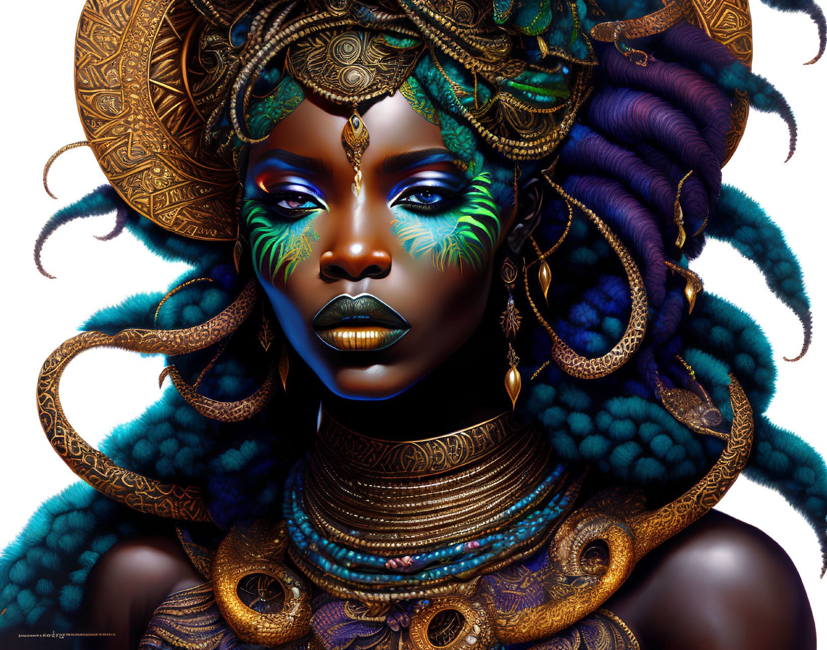 Digital artwork featuring woman with gold and blue headpiece and green facial markings