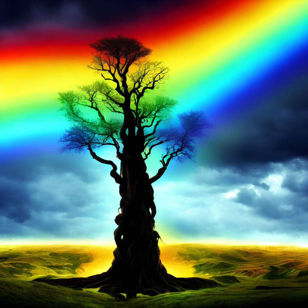 Colorful digital artwork of solitary tree against dramatic sky & rainbow.