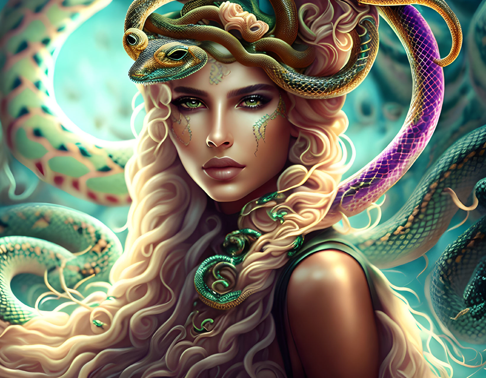 Detailed Illustration: Woman with Serpentine Features, Vibrant Snakes in Hair, Green S