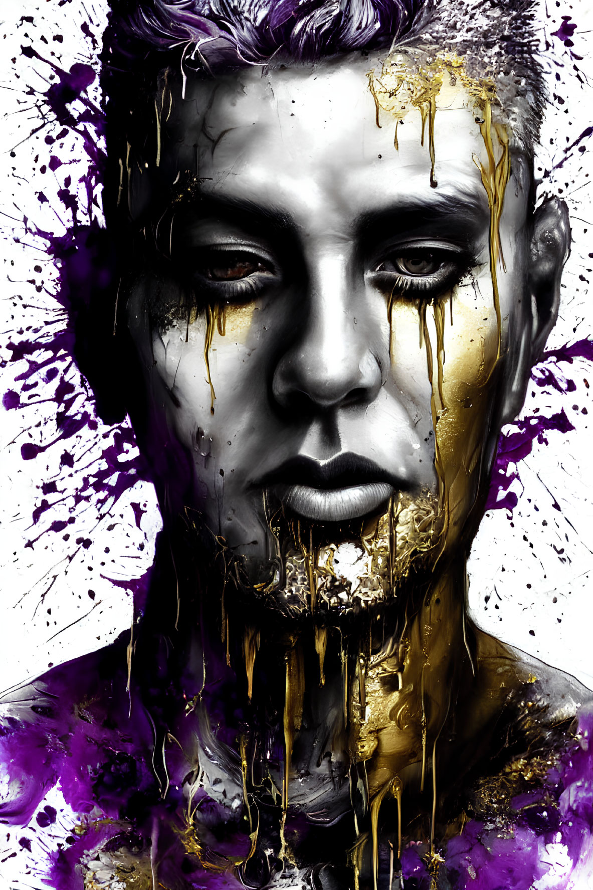 Monochrome portrait with golden tears and dripping purple and gold paint