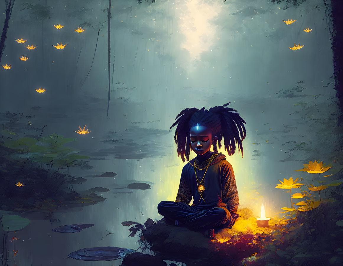 Tranquil meditation scene by pond with glowing flowers and fireflies