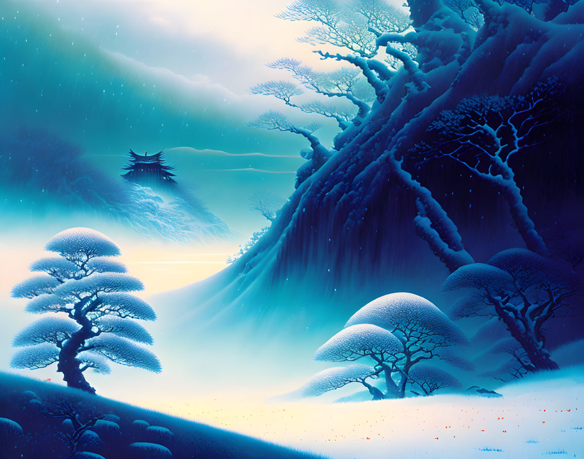 Snow-covered trees in mystical winter landscape.