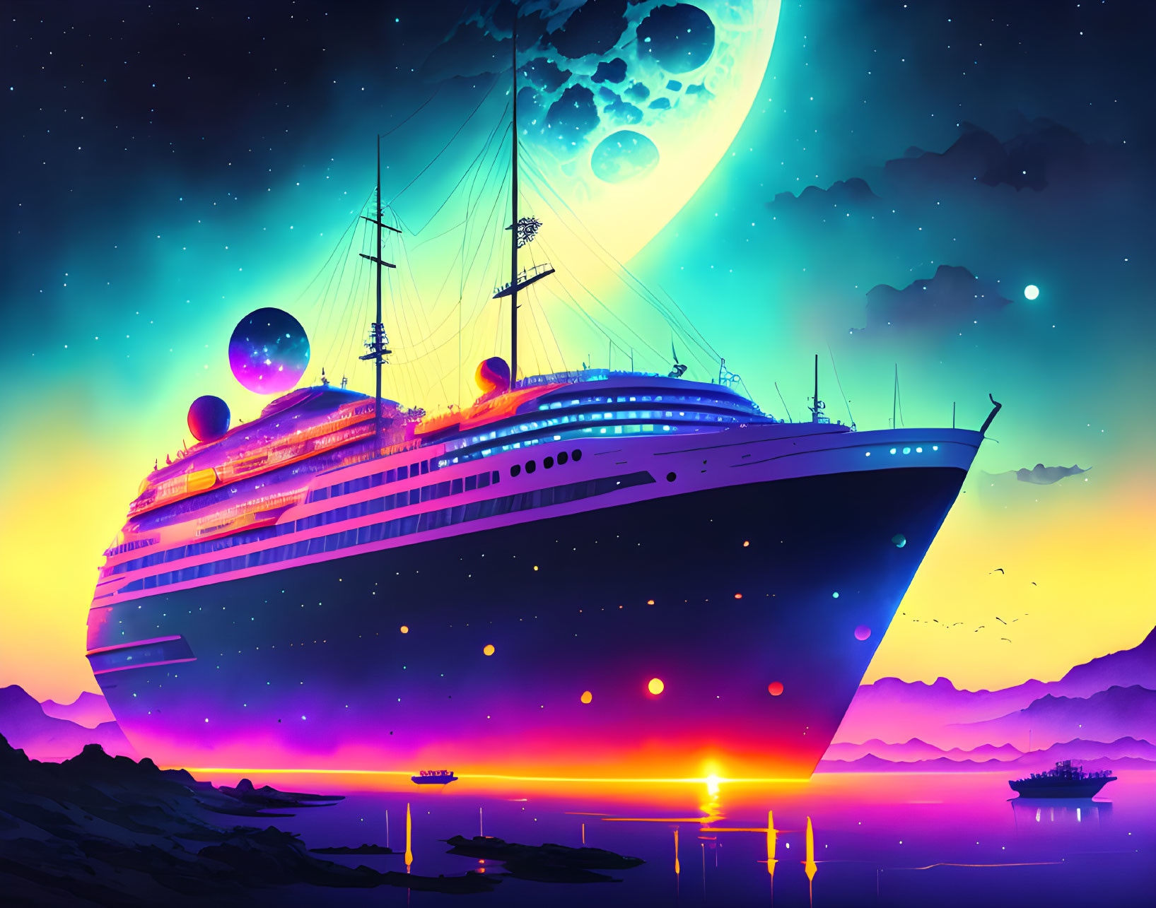 Digital artwork: Cruise ship at sunset with space-themed backdrop