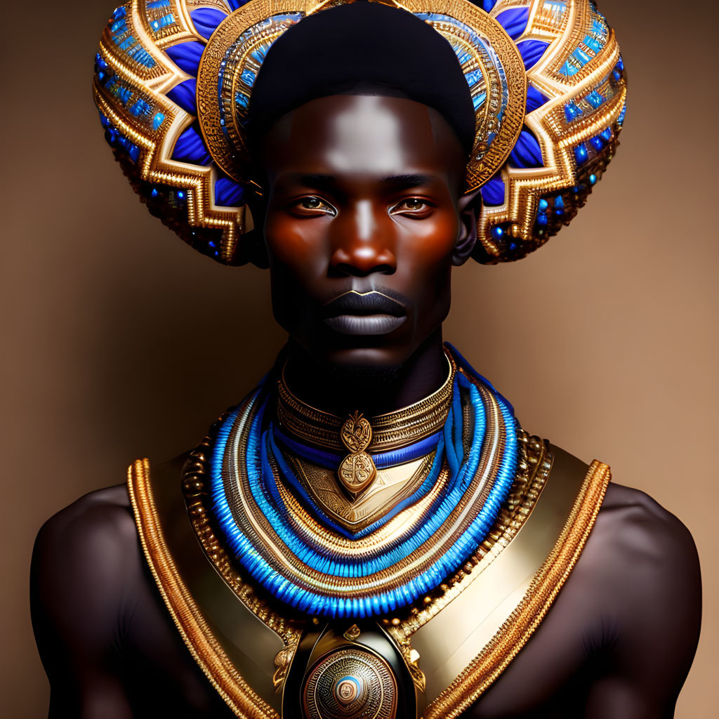 Portrait of person with dark skin in ornate headpiece and blue/gold necklaces on brown background