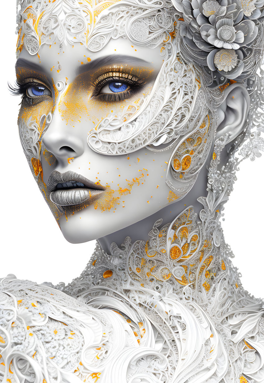 Detailed female figure with white and gold lace patterns, blue eyes, and floral hair decorations