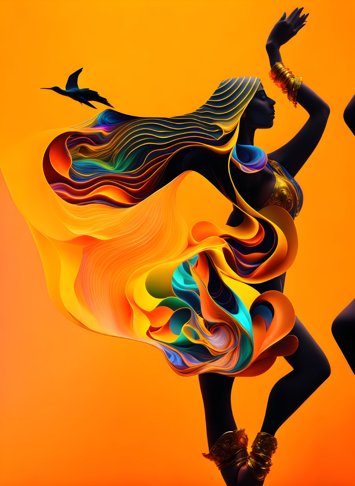 Colorful digital artwork: Silhouetted figures with flowing patterns on orange background