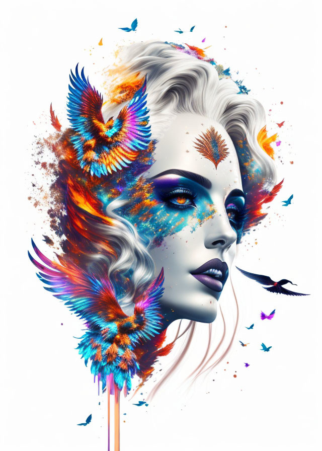 Colorful digital artwork featuring woman's face with owl elements