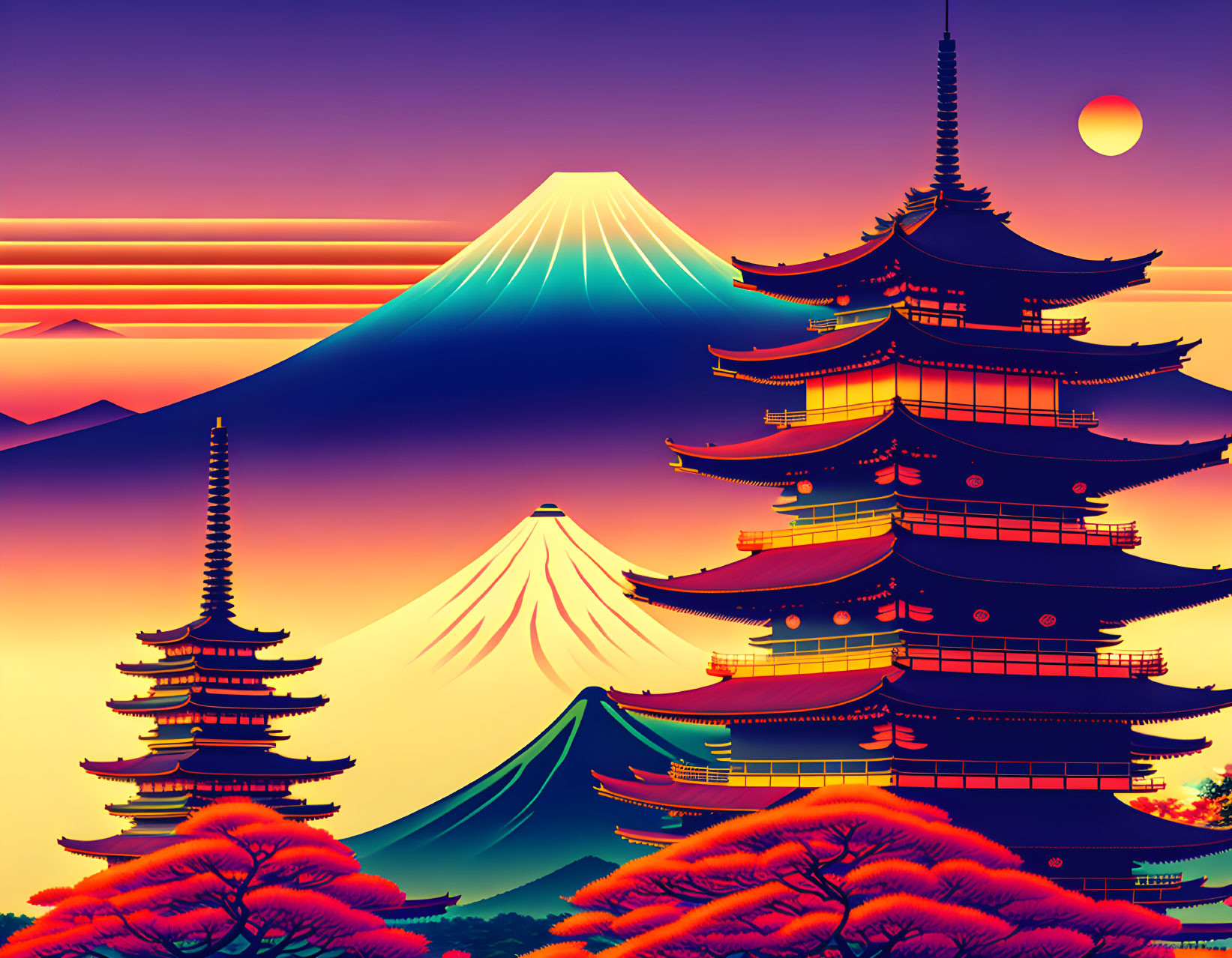 Japanese landscape with Mount Fuji, pagodas, and sunset illustration